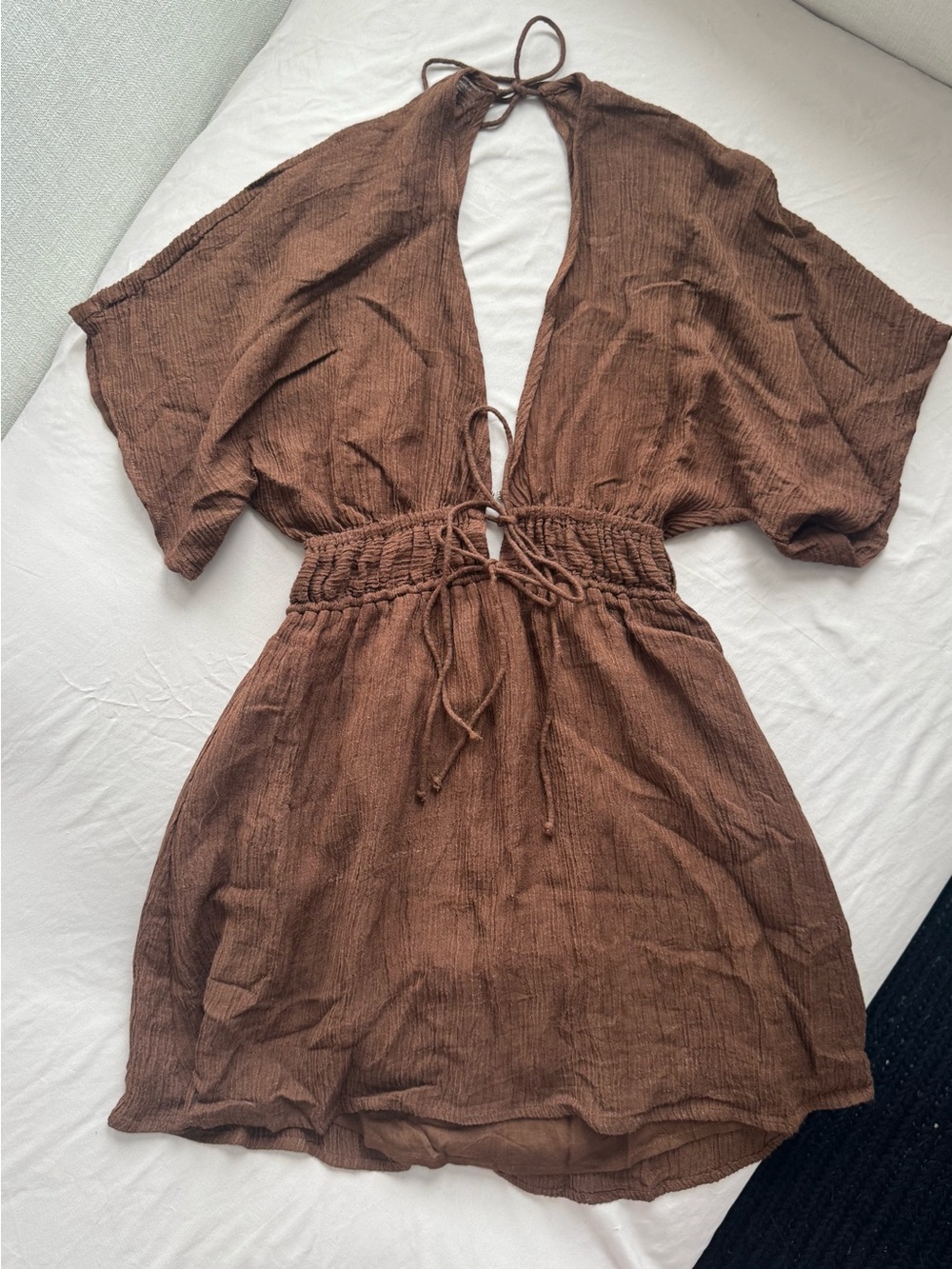 Faithful the brand Coralia V Neck Linen Mini Dress brown xs